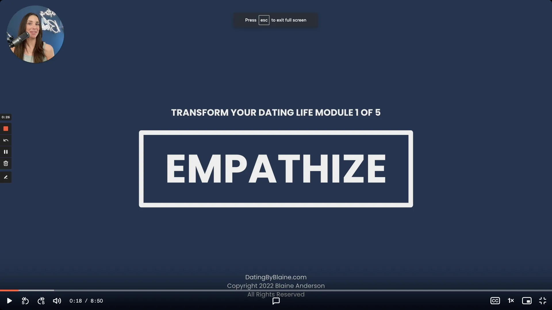 Screenshot of Blaine presenting the title slide of the first module of Blaine's Masterclass, which says the word "Empathize" in white letters against a navy blue background