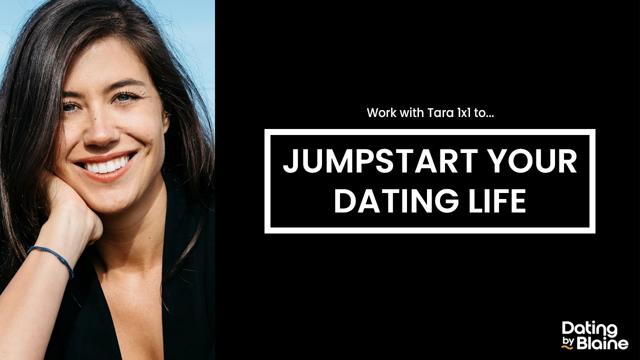 Marketing graphic for Tara's 1x1 Jumpstart program, showing Tara at left, and the text "Jumpstart Your Dating Life" at the right.